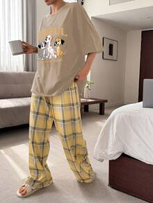 DAZY Women's Casual Puppy Letter Print T-Shirt Top & Plaid Loose Pants Pajama Set - Khaki - View 5