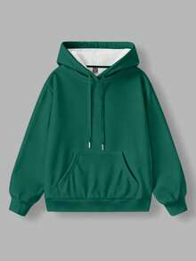 SHEIN EZwear 女士橄榄绿半拉链高领休闲宽松抓绒抽绳加厚卫衣，适合秋冬季穿着 - 墨綠色 - 查看 4