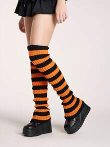 ROMWE Grunge Punk 1 Pair Women's Solid Color Knitted Extra Long Leg Warmers, Dark Purple & Black Striped, Suitable For All Seasons - Orange black - View 1