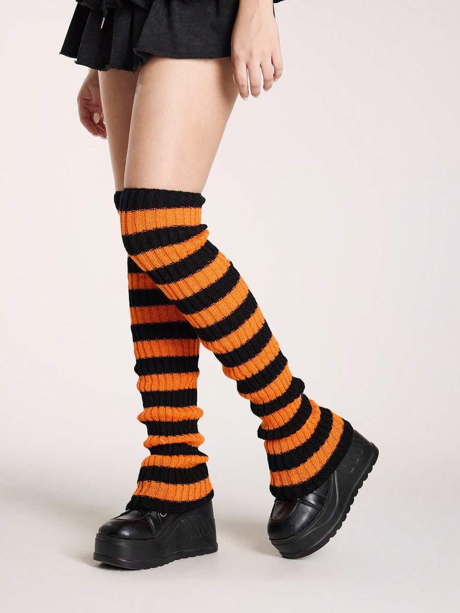 ROMWE Grunge Punk 1 Pair Women's Solid Color Knitted Extra Long Leg Warmers, Dark Purple & Black Striped, Suitable For All Seasons - Orange black - View 1
