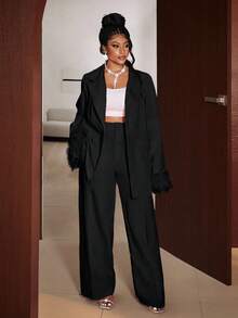 Maweii Plus Size Women's Solid Color Padded Shoulder Long Sleeve Cuff Decor Elegant Blazer + Casual Pants 2 Pieces Set, Chic Outfit For Going Out And Commuting, Autumn/Winter - Black - View 5