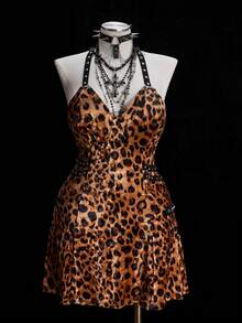 Sunspun Vestido curto justo com estampa de leopardo e plush, elegante e moderno - Multicolorido - Ver 5