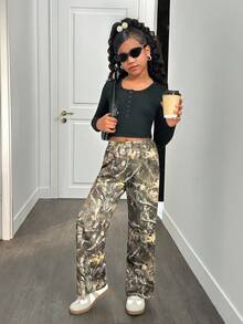 SHEIN Quần nỉ rộng rãi, cạp chun, in hình cành cây, thích hợp cho bé gái tuổi teen, kiểu dáng cơ bản, đa năng mặc hàng ngày, thích hợp cho mùa tựu trường. - xanh quân đội - Xem 5