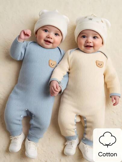 SHEIN Newborn Male Baby Pit Stripe Brown And Apricot 2 Pieces Set Long Sleeved Jumpsuit Fabric Comfortable, Simple And Casual