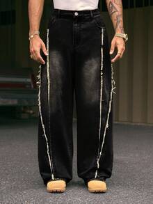 AXEPEAK Quần jean ống rộng dáng rộng, túi rách cho nam cỡ lớn - màu đen - Xem 3