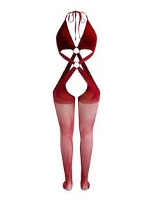 SpicyHot Bộ đồ lót liền mạch siêu gợi cảm cỡ lớn, kiểu đan chéo, bó sát, khoét lỗ, dây quai mảnh, ôm sát toàn thân - Màu Đỏ Sâu - Xem 2