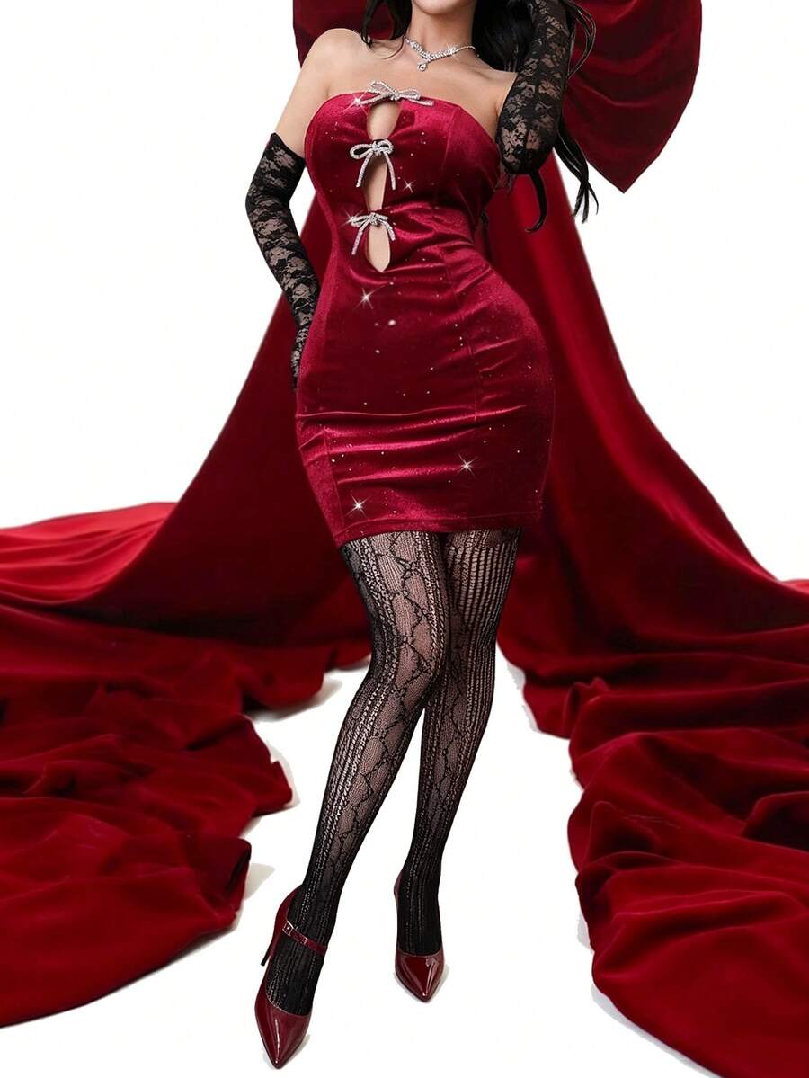 Rina Fox Women's Sexy Christmas Party Atmosphere Glitter Hollow Bow Bandeau Bodycon Mini Dress - Burgundy - View 1