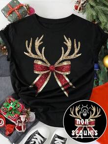 EMERY ROSE Christmas Antler Bow Creative Printed Casual Enhanced T-Shirt - Black - View 1