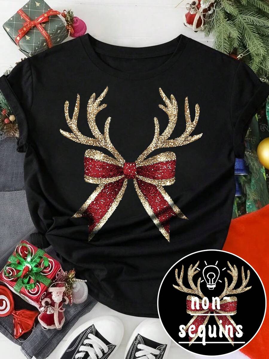 EMERY ROSE Christmas Antler Bow Creative Printed Casual Enhanced T-Shirt - Black - View 1