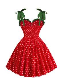 Sweetra 大码可爱波尔卡圆点印花拼色吊带连衣裙 - 紅色 - 查看 2