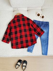 SHEIN 2pcs Baby Girl Cute Red Plaid Shirt And Pants Set, Suitable For Autumn And Winter - Multicolor - View 2