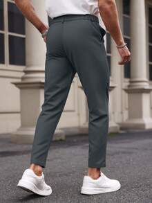 Manfinity Mode 男士休闲日常通勤纯色斜口袋西装裤 - 深灰色 - 查看 2