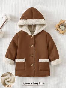 Cozy Pixies Baby Girl Suede Thermal Lined Contrast Color Long Sleeve Hooded Cardigan, Casual & Versatile In Fall/Winter - Coffee Brown - View 8