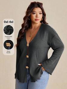 Elaquor Plus Size Women Elegant Floral Metallic Decor Deep V-Neck Loose Flare Sleeve Jacket, Autumn/Winter