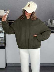 EURMUSE Women's Cropped Bomber Jacket With Elastic Hem And Minimalist Design, Stylish And Versatile Outerwea - Army Green - View 3