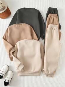 Cozy Pixies 6件套男童装饰徽章圆领长袖卫衣和松紧腰裤 - 卡其色 - 查看 2