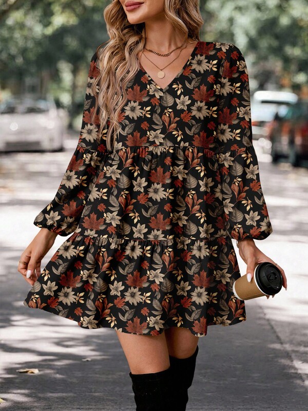 SHEIN LUNE Vestido con cuello en V, manga farol, estampado floral, patrón vintage de lirio y hoja, romántico y elegante con volantes en el bajo, adecuado para otoño/invierno, citas, salidas, viajes, ir al trabajo