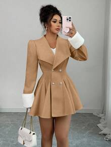 Elenzga 女士貂皮翻领袖口腰部 A 字型优雅日常通勤厚羊毛大衣 - 卡其色 - 查看 5