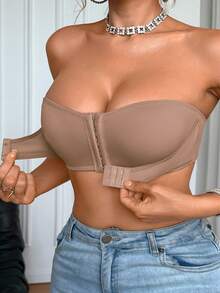 SHEIN 升级版前扣式加垫聚拢文胸，易于穿戴 - 摩卡棕 - 查看 1