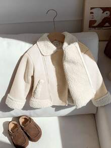 SHEIN Unisex Baby Khaki Patchwork Fluffy Thickened Suit Collar Jacket, Suitable For Baby Boys And Girls In Autumn/Winter - Apricot - View 4