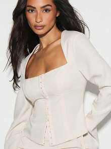 KIZN Blusa de manga larga con hombros descubiertos y estilo de corsé con detalle de botones delanteros para otoño e invierno - Crema - Ver 6