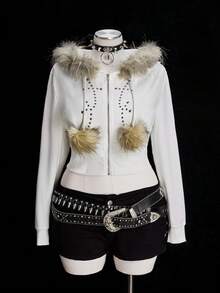 Sunspun Plus Size Chic Furry Cropped Long Sleeve Sweatshirt - White - View 5