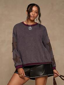 Freevana 大码女式休闲波西米亚嬉皮风格复古拼布刺绣圆领长袖 T 恤 - 咖啡棕 - 查看 4