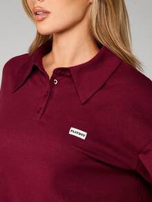 Missguided x Playboy 酒红色领 Polo 衫，分层条纹袖子，正面纽扣，休闲超大长袖上衣 - 彩色 - 查看 4