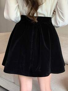 DAZY 女士优雅天鹅绒仿珍珠装饰半身裙 - 黑色 - 查看 5