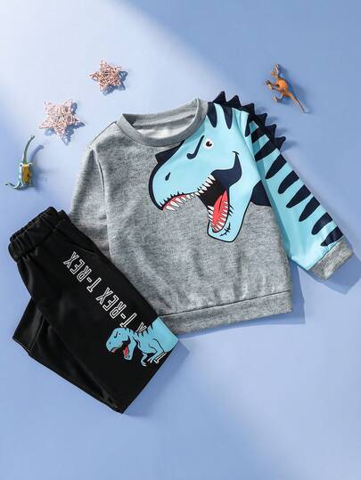 SHEIN Perso Play 2pcs Young Boy Cute Dinosaur Print Sweatshirt And Sweatpants Set. Featuring A Fun Dinosaur Pattern And Stylish Design