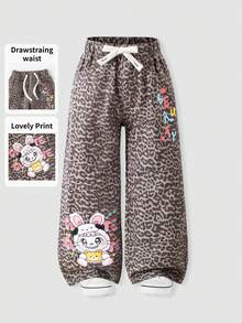 女童牛仔裤，腰部有抽绳，印花图案可爱，休闲宽松阔腿牛仔裤，带口袋，适合搭配长袖/短袖上衣和夹克，舒适的棉质面料，四季皆宜 - 咖啡棕 - 查看 3