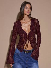 SHEIN BAE 女士蕾丝性感深V领透视镂空荷叶边长袖上衣，酒红色，适合秋冬季节、亡灵节、红色上衣、女士红色上衣、情人节等场合。 - 酒紅色 - 查看 6