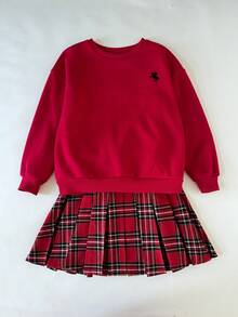 SHEIN 女童服装纯红色圆领刺绣运动衫搭配格子百褶裙女童两件套，红色格子裙套装，圣诞裙套装 - 紅色 - 查看 4