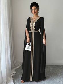 Rafferiza Đầm maxi màu đỏ cổ chữ V ren vàng bồng bềnh, tay dài, dáng chữ A, thiết kế thanh lịch, sang trọng, dành cho nữ, mùa xuân/hè - màu đen - Xem 4