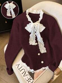 Franclia 时尚博主风系带宽松针织开衫，别致欧式风情 - 紫紅色 - 查看 3