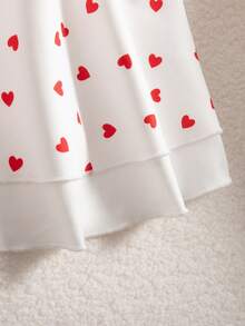 Vestido novo de outono para meninas, 1 peça, gola com estampa de coração vermelho, manga comprida vermelha, zíper nas costas, punho e bainha elásticos, duas camadas, simples e fofo, versátil, adequado para o dia dos namorados, passeio, festa, escola, estilo princesa - Vermelho - Ver 5