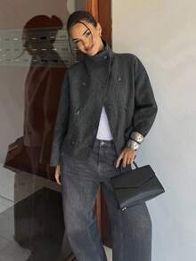 Siren Gaze 女式纯色简约高领长袖大衣，深灰色 - 深灰色 - 查看 3