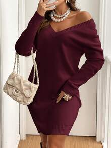 SHEIN Frenchy Váy len ngắn tay dài viền bèo nhún ren cho nữ mùa thu/đông - Màu Hồng Tươi - Xem 5