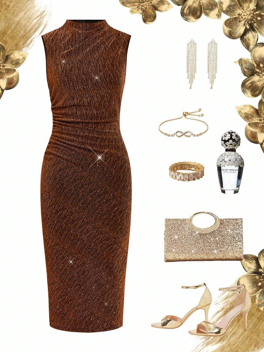 Ellevyn 女式无袖褶皱印花网眼针织连衣裙，夏季 - 卡其色 - 查看 1