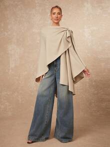 Lumalex Áo choàng VITNOS mùa thu đông cao cấp thanh lịch một bên vai tay rộng, viền bất đối xứng, cổ áo vải lanh, quần áo mùa thu, thích hợp cho đi chơi đêm, tiệc tùng, đêm hẹn hò, đồng quê, về quê, giải trí, kỳ nghỉ lễ, Halloween, Giáng sinh - Màu Khaki - Xem 5