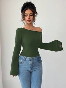 SHEIN Elenzya Áo len nữ màu trơn cổ tròn, vai thường, tay dài, dáng ôm, cổ tay loe, kiểu dáng thường ngày. - xanh quân đội - Xem 4