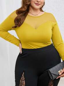 SHEIN Privé Plus Size Women Solid Color Round Neck Long Sleeve Mesh Patchwork T-Shirt/Winter - Yellow - View 4