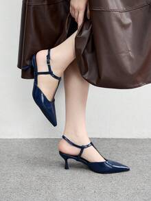 CUCCOO BIZCHIC Zapatos de tacón bajo con punta puntiaguda y correa de tobillo en color marrón café, adecuados para ir al trabajo, citas y fiestas, zapatos de primavera - Azul Marino - Ver 4