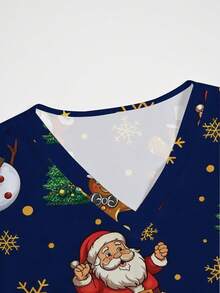 PopScrub Women's Christmas Tree & Santa Claus Print V-Neck Short Sleeve Scrub Uniform Top - Multicolor - View 3