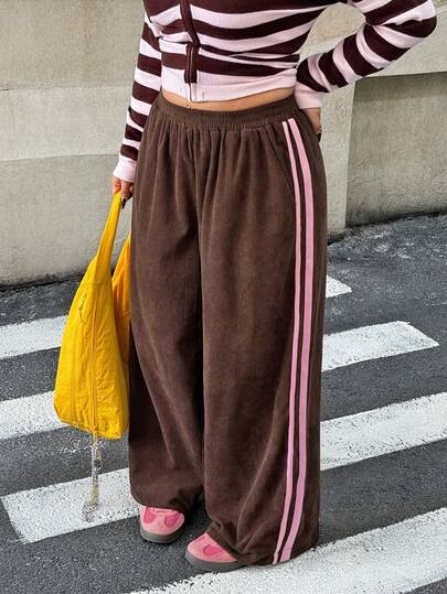 Muchica Plus Size Contrast Color Side Stripe Casual Pants,Fall /Autumn/Winter,Christmas,New Year,Thanksgiving,Party,Wedding,Beach,Graduati,Chic,Elegant,Casual,Going Out,Date,Appointment,Commute