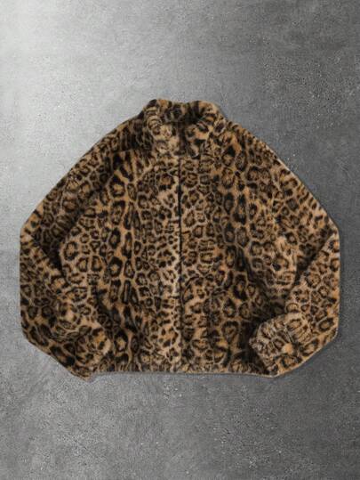 Men's Retro Leopard Print Fleece Jacket, Autumn/Winter
