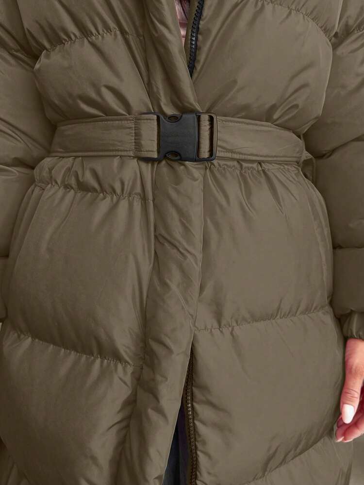 EURMUSE 腰带细节毛皮添加长款冬大衣 - 摩卡棕 - 查看 6