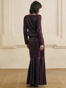 Cévolie 女士优雅波尔卡圆点印花方领上衣和长裙两件套 - 棕色 - 查看 2