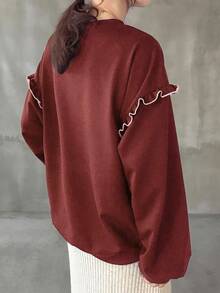 FRIFUL Women's Crew Neck Contrast Color Frill Trim Animal Letter Print Thermal Lined Contrast Color Sweatshirt, Halloween Costume, Autumn - Burgundy - View 4