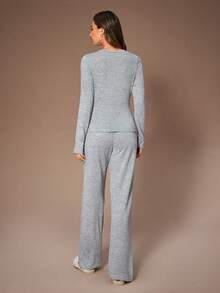 Lazeform Soft Light Gray Fabric Decorated Button Top & Pants Casual Slim Fit Pajama Set, Winter Clothes - Light Grey - View 5